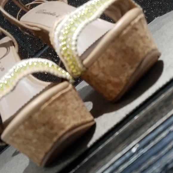 TAN NEUTRAL BEADED SANDAL CORK WEDGES ANKLE STRAPS - Picture 6 of 10